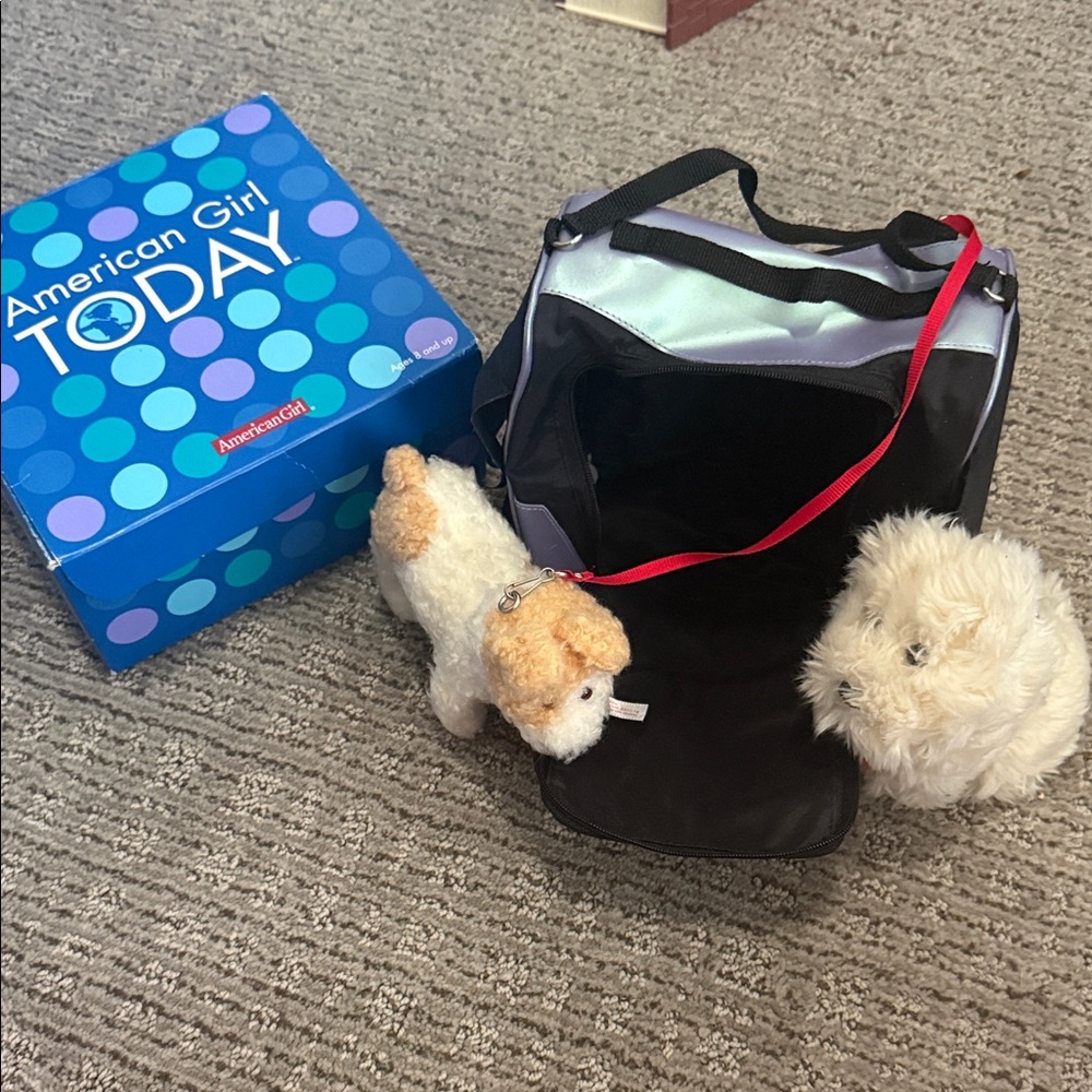 American Girl Pet Carrier Set with Plush Dogs - This is coconut and Bennett.